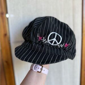 Bored Inc Pinstripe Newsboy Cap Peace Sign Embroidered 57cm Black White Pink Y2K